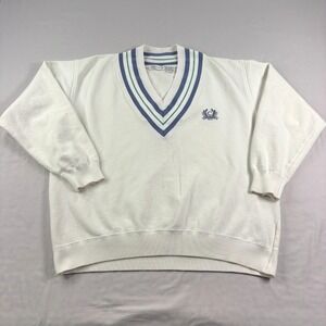 Vintage Claiborne Sweater Mens Large White Blue Tennis V-Neck Preppy 90s